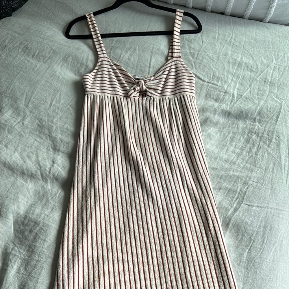 Zara Cream Maxi Dress with Red Stripes and Front Tie